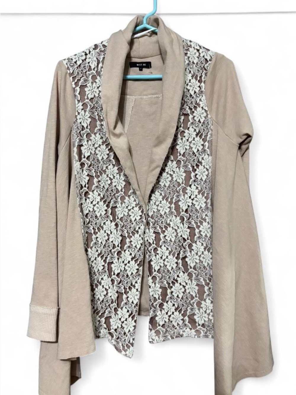 Miss Me Lace-Front Cardigan with Shawl Collar